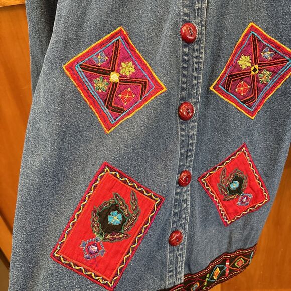 Life Style Women Denim Jacket Embroidered Appliqué Blue Art To Wear S Cotton - Picture 6 of 11